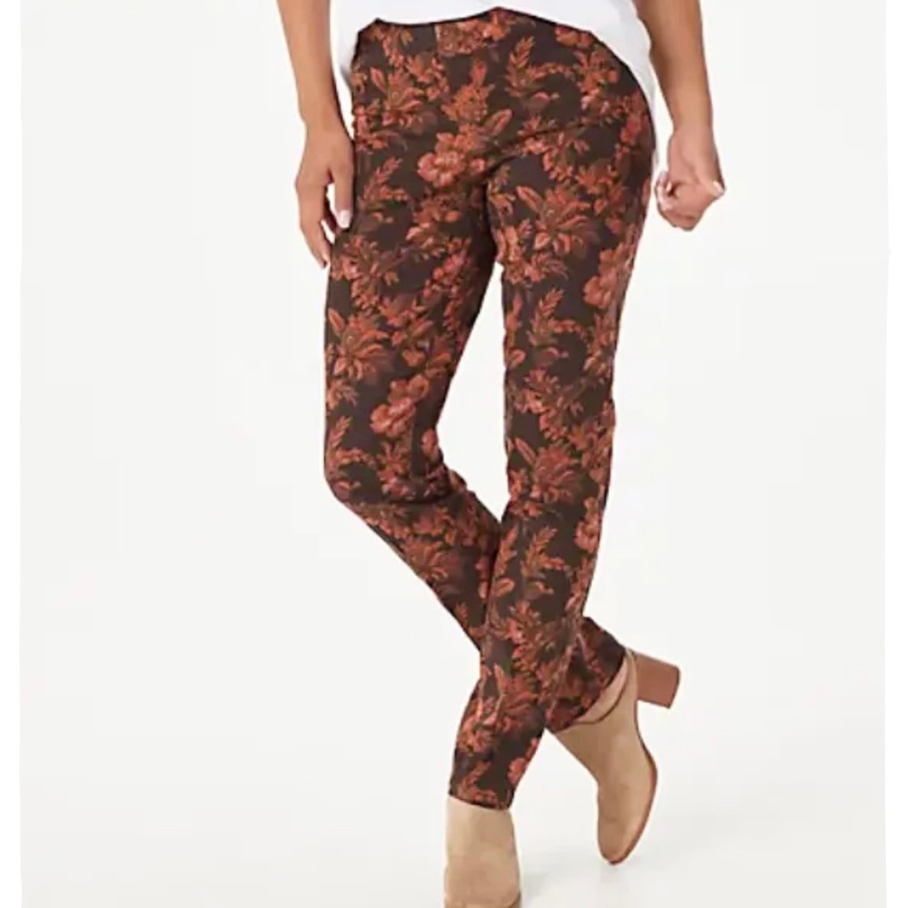 Isaac Mizrahi floral stretch pullover pants with pockets slim leg women size 30W